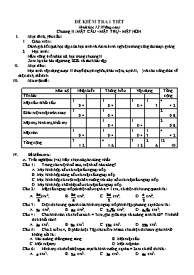 Đề kiểm tra 1 tiết Hình học 12 (nâng cao) chương II: Mặt cầu - Mặt trụ - mặt nón