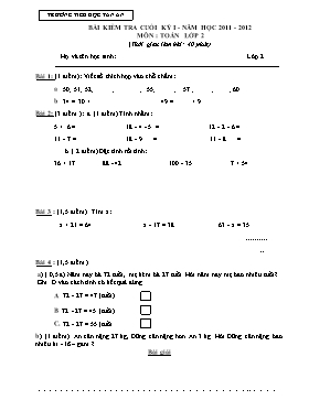 Bài kiểm tra cuối kỳ I - Môn Toán - lớp 2