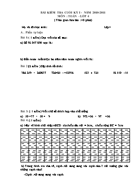 Bài kiểm tra cuối kỳ I - Môn Toán - lớp 4