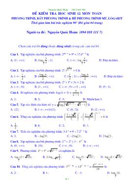 Đề kiểm tra học sinh 12 môn toán phương trình, bất phương trình & hệ phương trình mũ, lôgarit